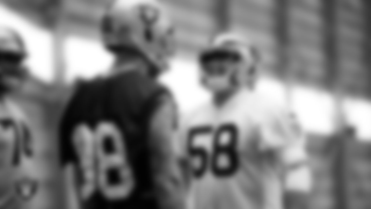 Las Vegas Raiders guard Jackson Powers-Johnson (58) during practice at Intermountain Health Performance Center.