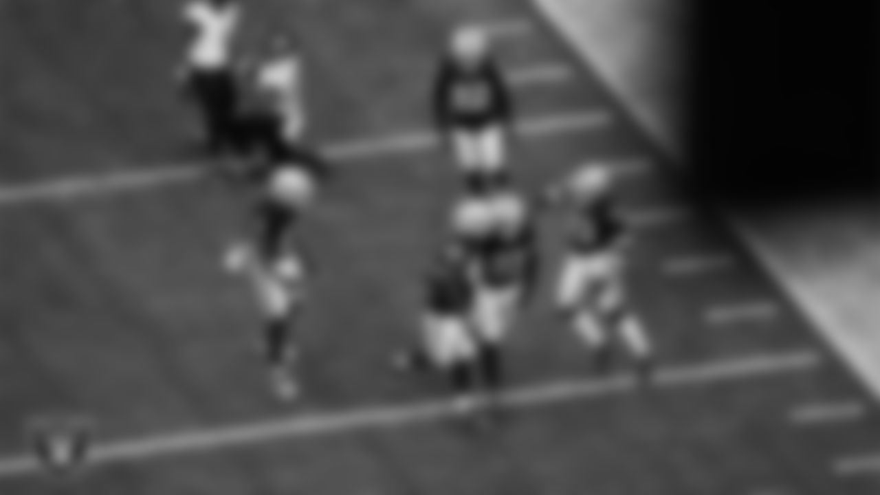 Las Vegas Raiders safety Tristin McCollum (27) celebrates with teammates after making a tackle during the regular season home game against the Jacksonville Jaguars at Allegiant Stadium.