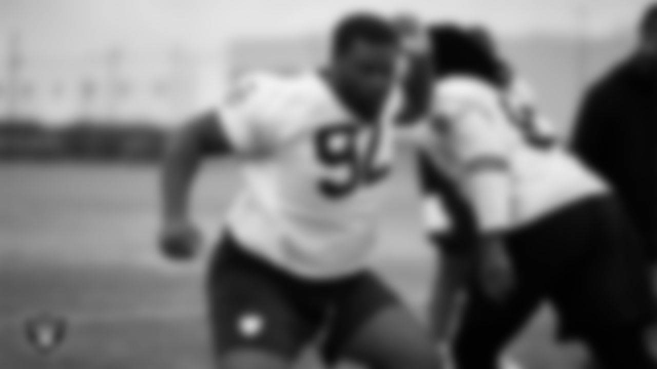 Las Vegas Raiders defensive tackle JJ Pegues (92) during practice at Intermountain Health Performance Center.