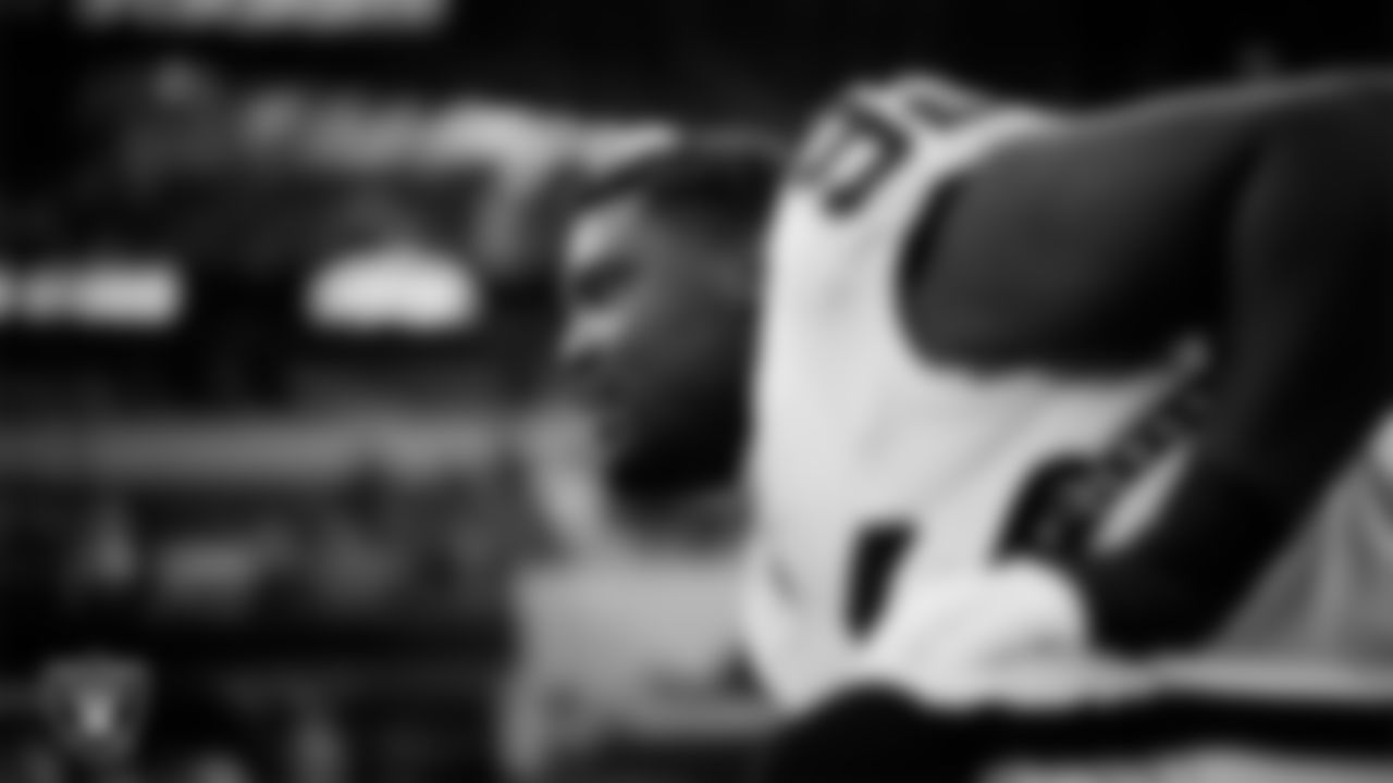 Las Vegas Raiders defensive tackle JJ Pegues (92) warming up before the regular season away game against the Los Angeles Chargers at SoFi Stadium.