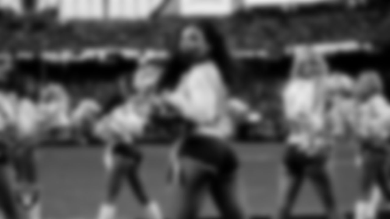 Raiderette Bria performs on the field during the regular season home game against the Tennessee Titans at Allegiant Stadium.