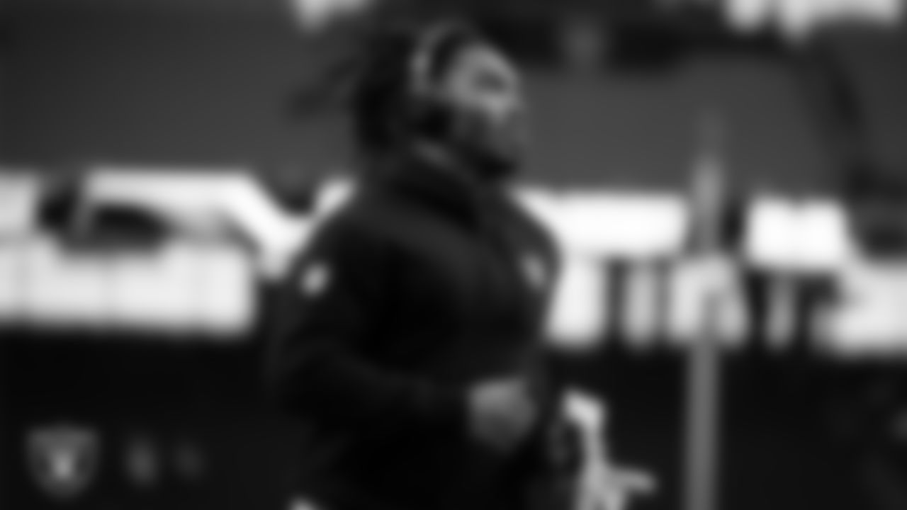 Las Vegas Raiders wide receiver DJ Turner (19) warming up before the regular season home game against the New York Jets at Allegiant Stadium.