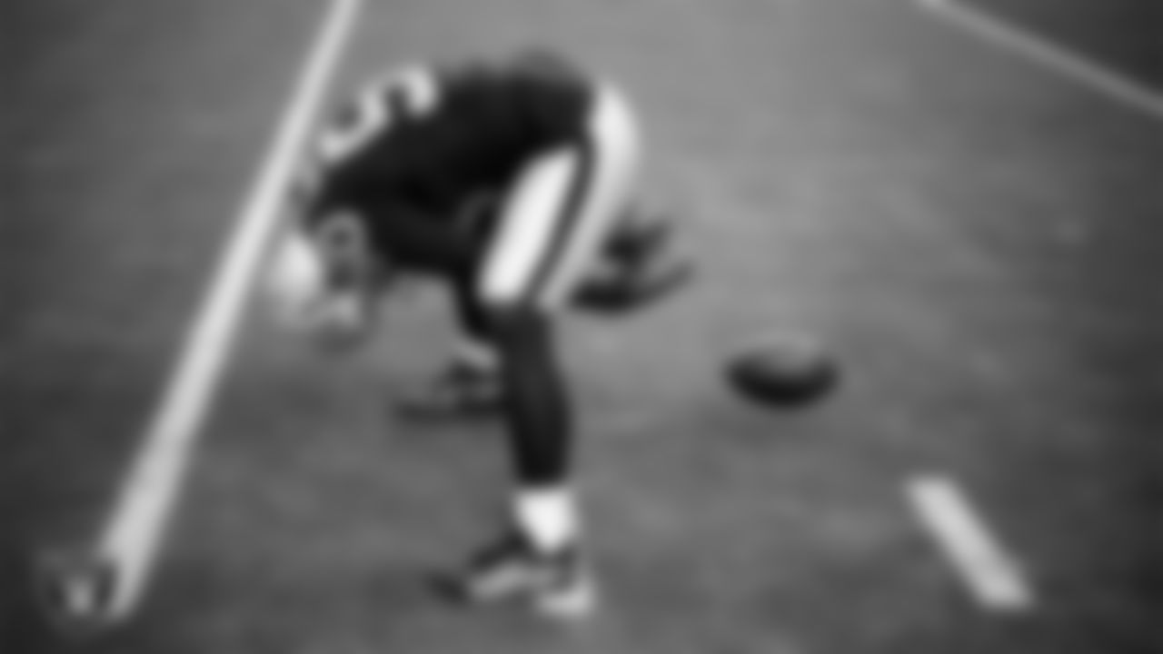 Las Vegas Raiders long snapper Jacob Bobenmoyer (50) warming up before the regular season home game against the Denver Broncos at Allegiant Stadium.