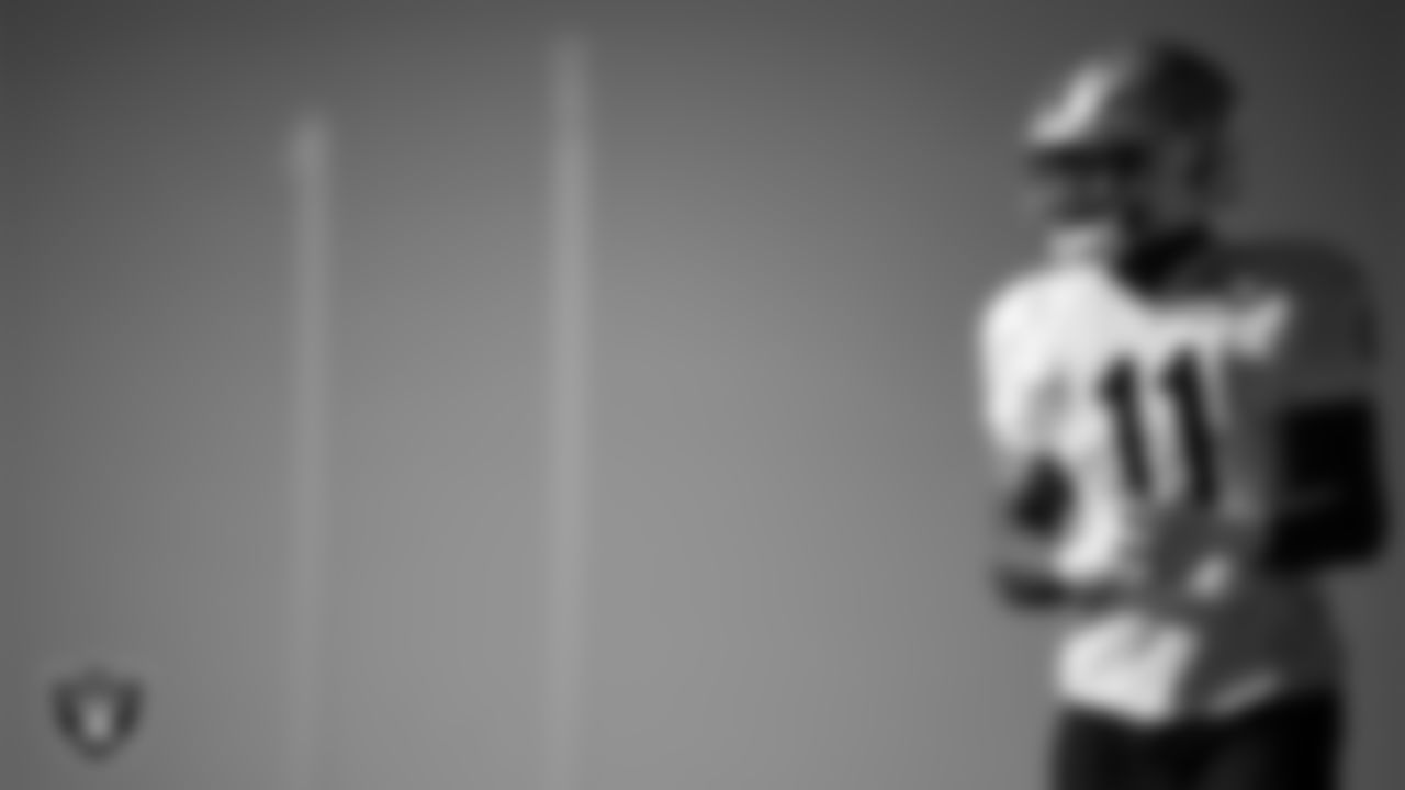 Las Vegas Raiders safety Jeremy Chinn (11) during practice at Intermountain Health Performance Center.