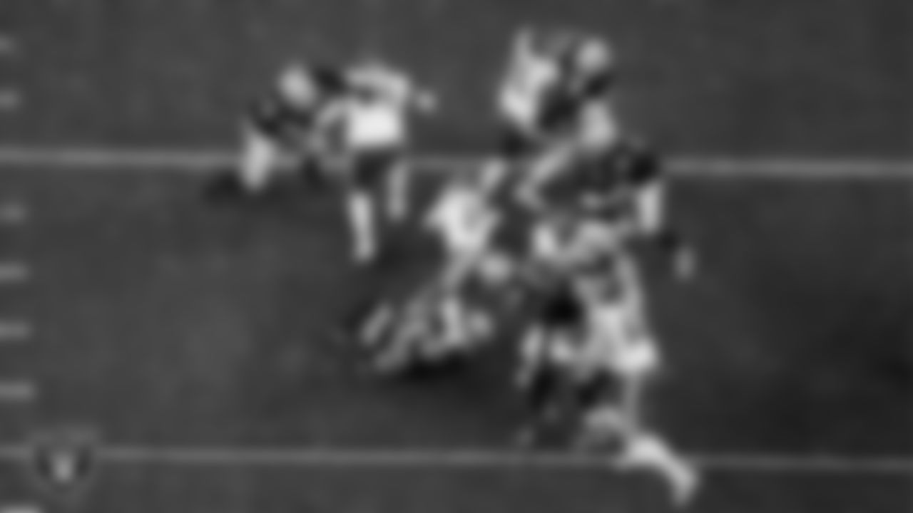 Las Vegas Raiders linebacker Tommy Eichenberg (44) makes a tackle during the regular season home game against the Kansas City Chiefs at Allegiant Stadium.