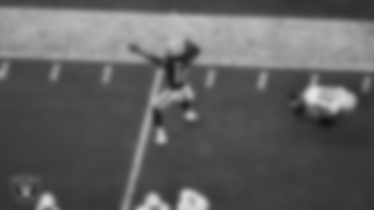 Las Vegas Raiders wide receiver Dont'e Thornton Jr. (10) celebrates after making a first down during the regular season home game against the Los Angeles Chargers at Allegiant Stadium.