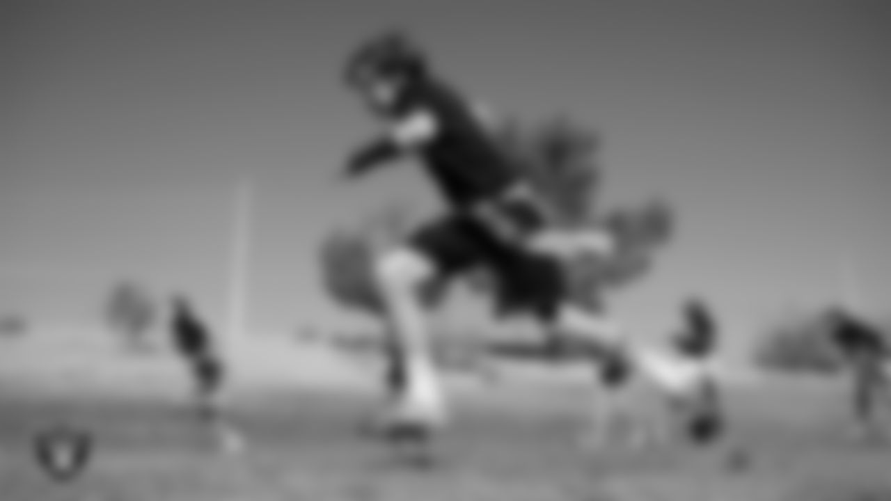 An athlete takes part in a drill after a partnership announcement between the Las Vegas Raiders and Clark County School District as a Silver and Black Flag Football league at the middle school level at Sig Rogich Middle School.