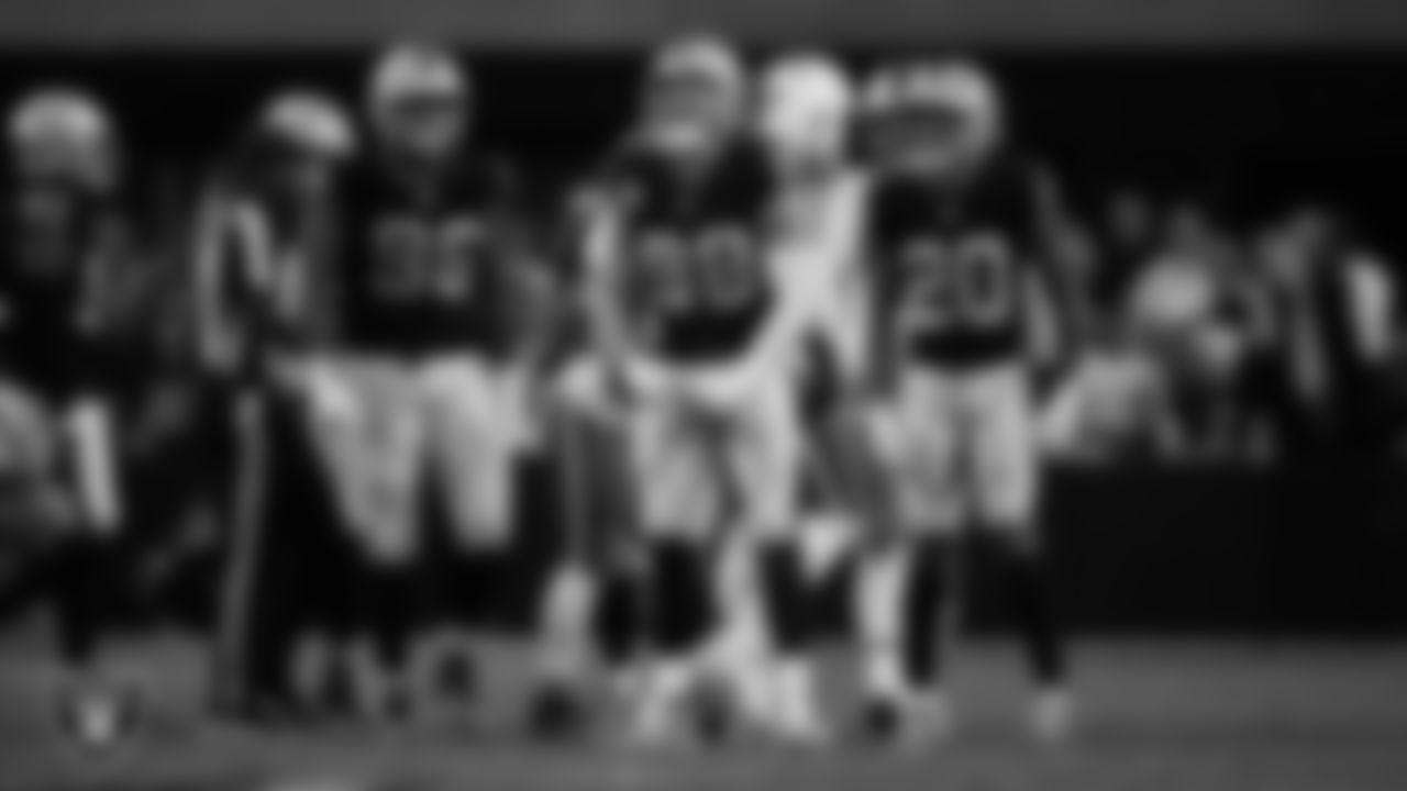 Las Vegas Raiders defensive end Maxx Crosby (98) celebrates after making a tackle during the regular season home game against the Cleveland Browns at Allegiant Stadium.