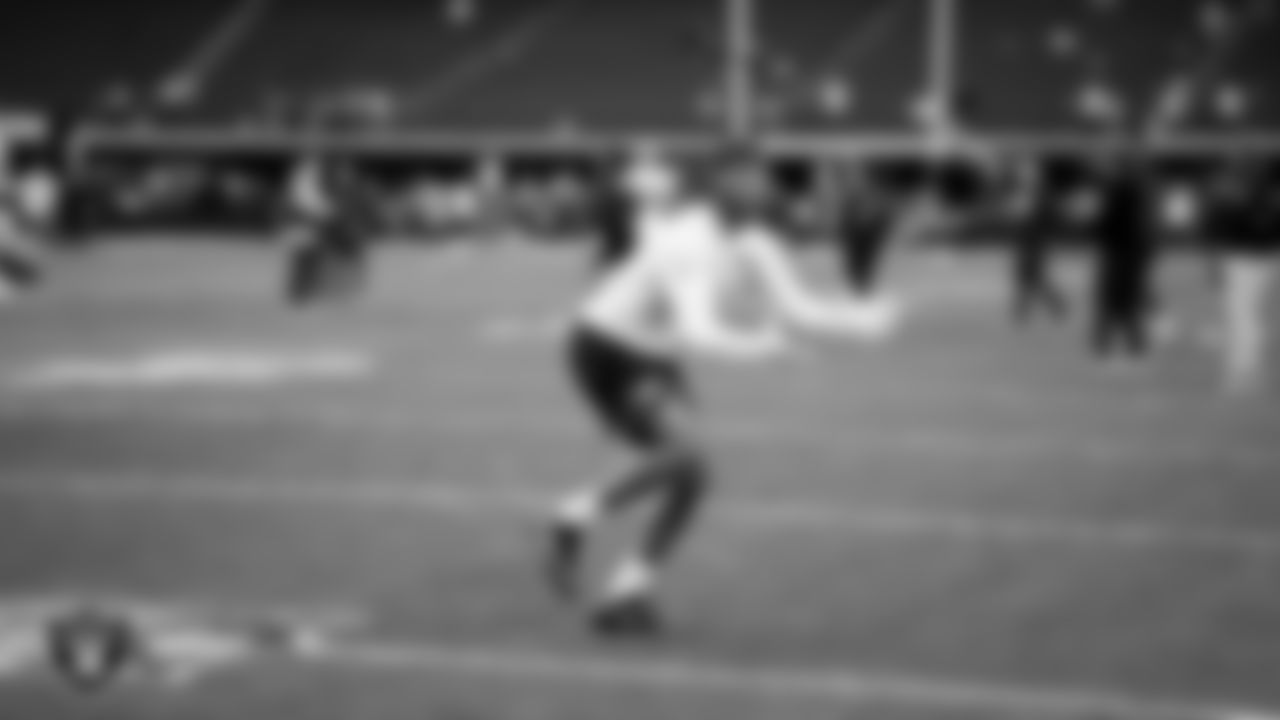 Las Vegas Raiders cornerback Eric Stokes (22) warming up before the regular season home game against the Denver Broncos at Allegiant Stadium.