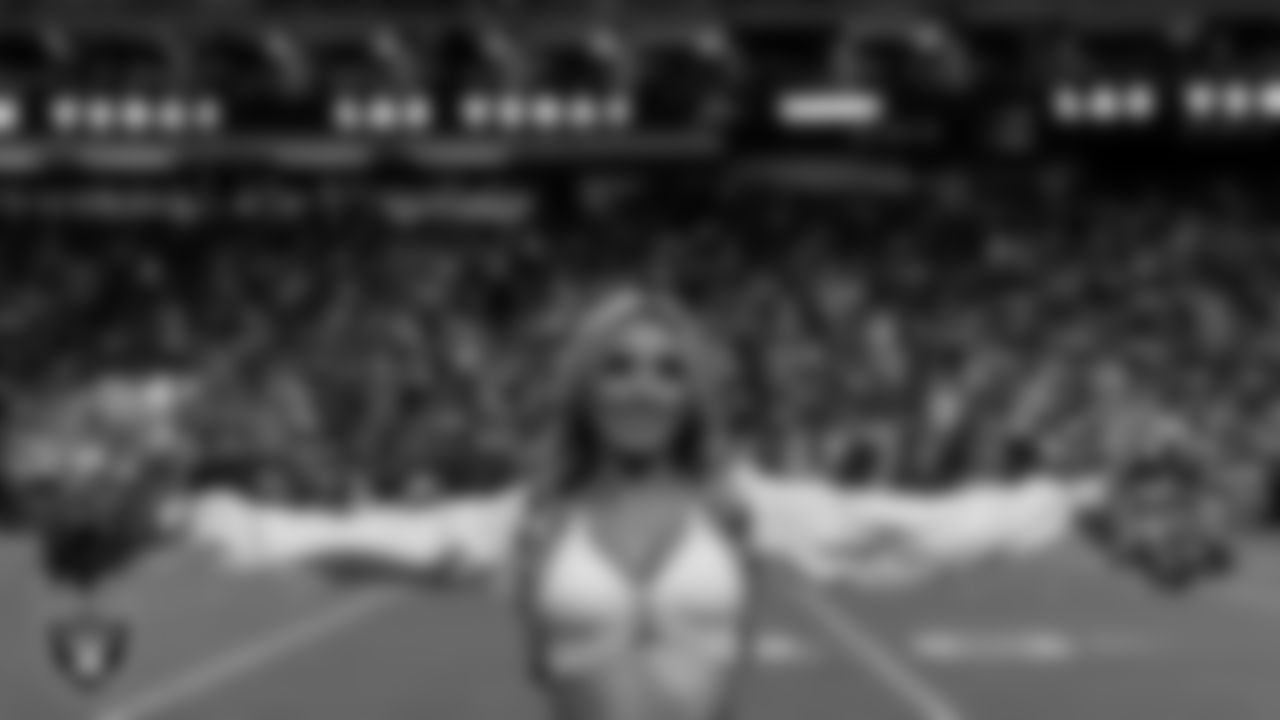 Raiderette Hayley on the sidelines during the regular season home game against the Dallas Cowboys at Allegiant Stadium.