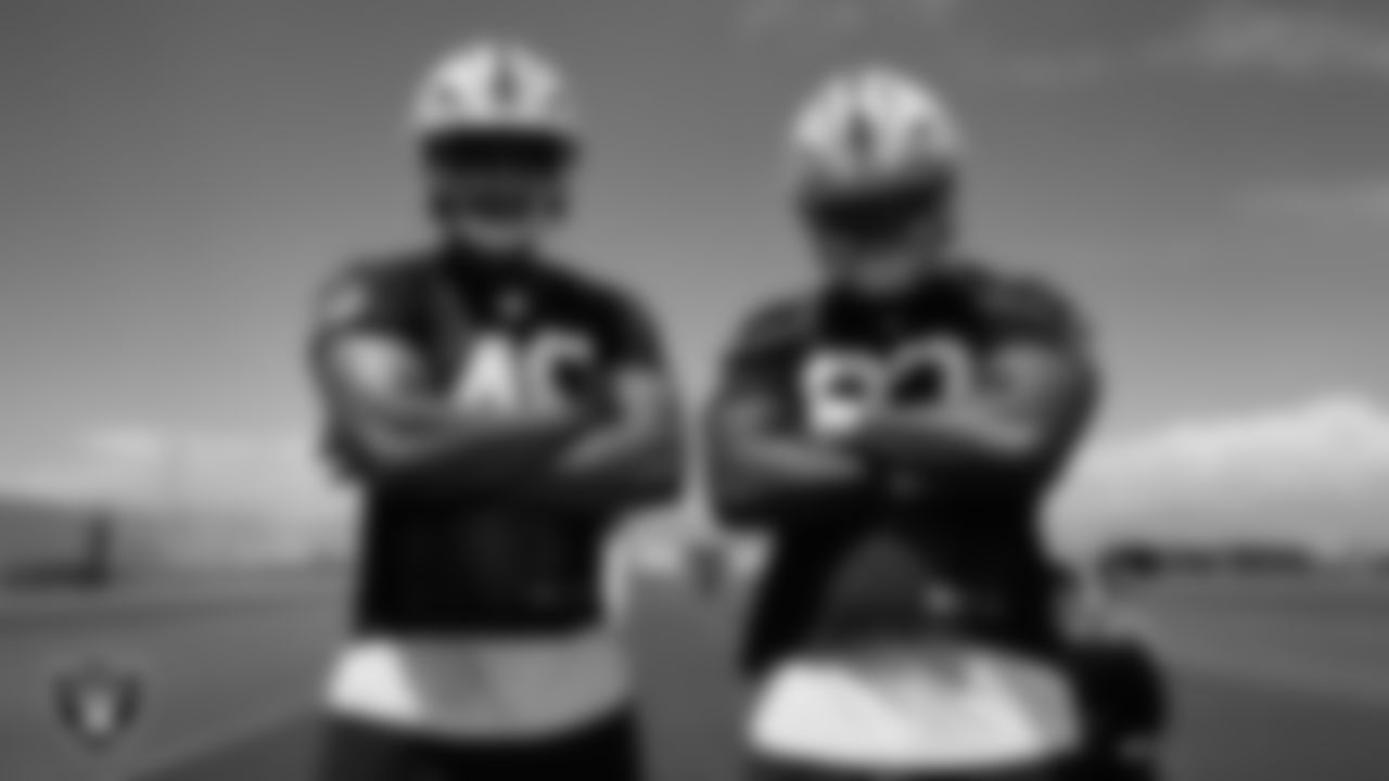 Las Vegas Raiders defensive end Charles Snowden (49) and defensive tackle Zach Carter (93) at an Organized Team Activity (OTA) at Intermountain Health Performance Center.