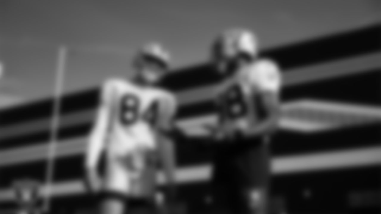 Las Vegas Raiders tight end Qadir Ismail (84) and tight end Justin Shorter (88) on the field for practice at 2025 Training Camp at Intermountain Health Performance Center.