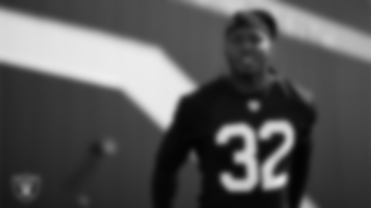 Las Vegas Raiders safety Lonnie Johnson Jr. (32) at a workout during phase two of the offseason program at Intermountain Health Performance Center.