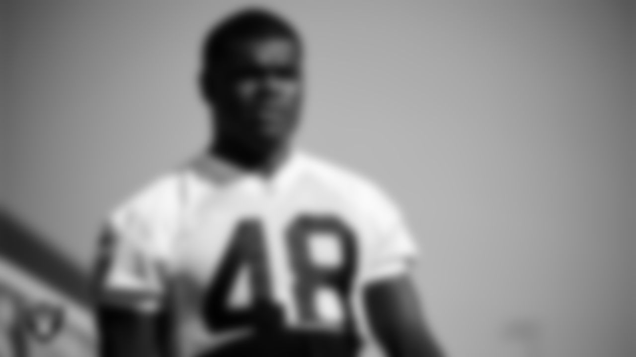 Las Vegas Raiders linebacker Jamin Davis (48) during practice at Intermountain Health Performance Center.