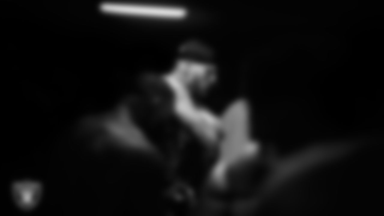 Las Vegas Raiders defensive end Maxx Crosby (98) in the locker room after the regular season away game against the New England Patriots at Gillette Stadium.