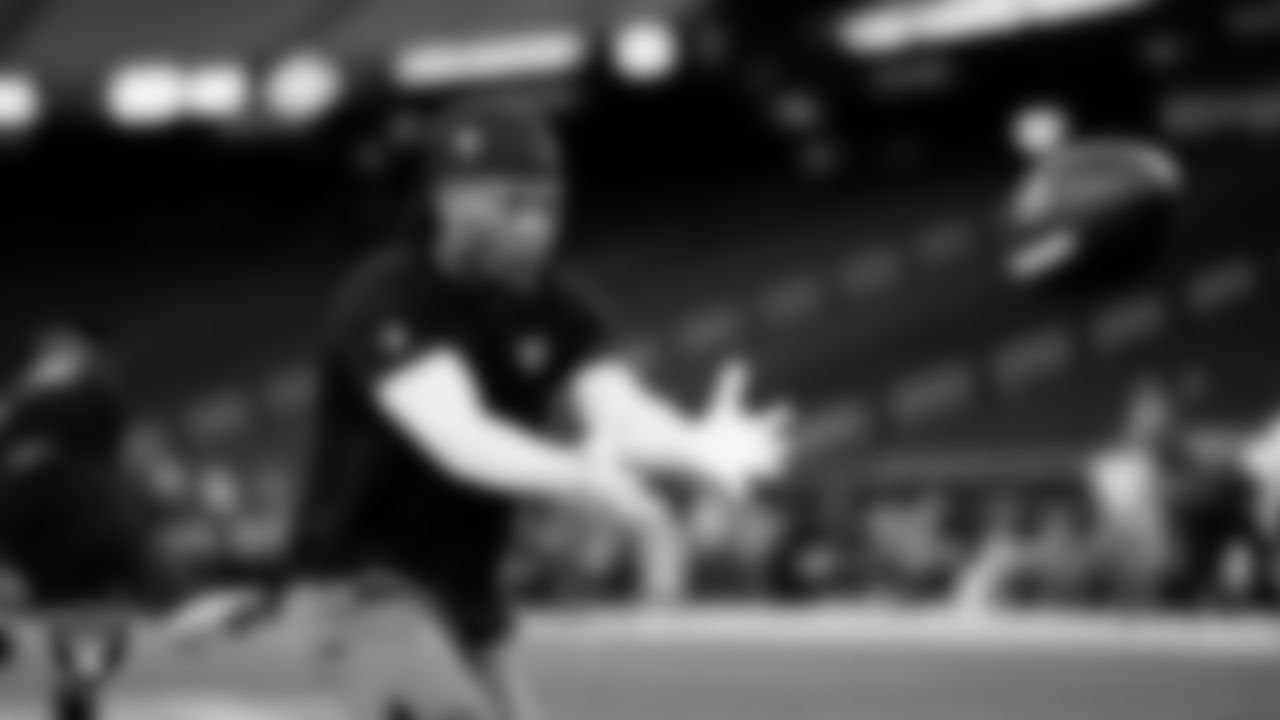 Las Vegas Raiders wide receiver Tre Tucker (1) warming up before the regular season home game against the Los Angeles Chargers at Allegiant Stadium.