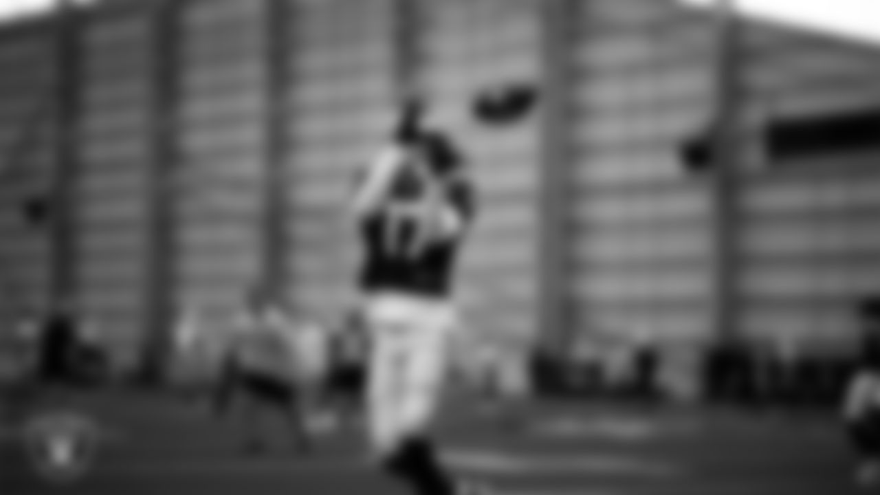 Las Vegas Raiders wide receiver Collin Johnson (17) on the field for practice at 2025 Training Camp at Intermountain Health Performance Center.