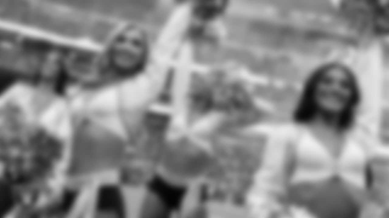 Raiderettes Taylor and Amanda on the sidelines during the preseason home game against the San Francisco 49ers at Allegiant Stadium.