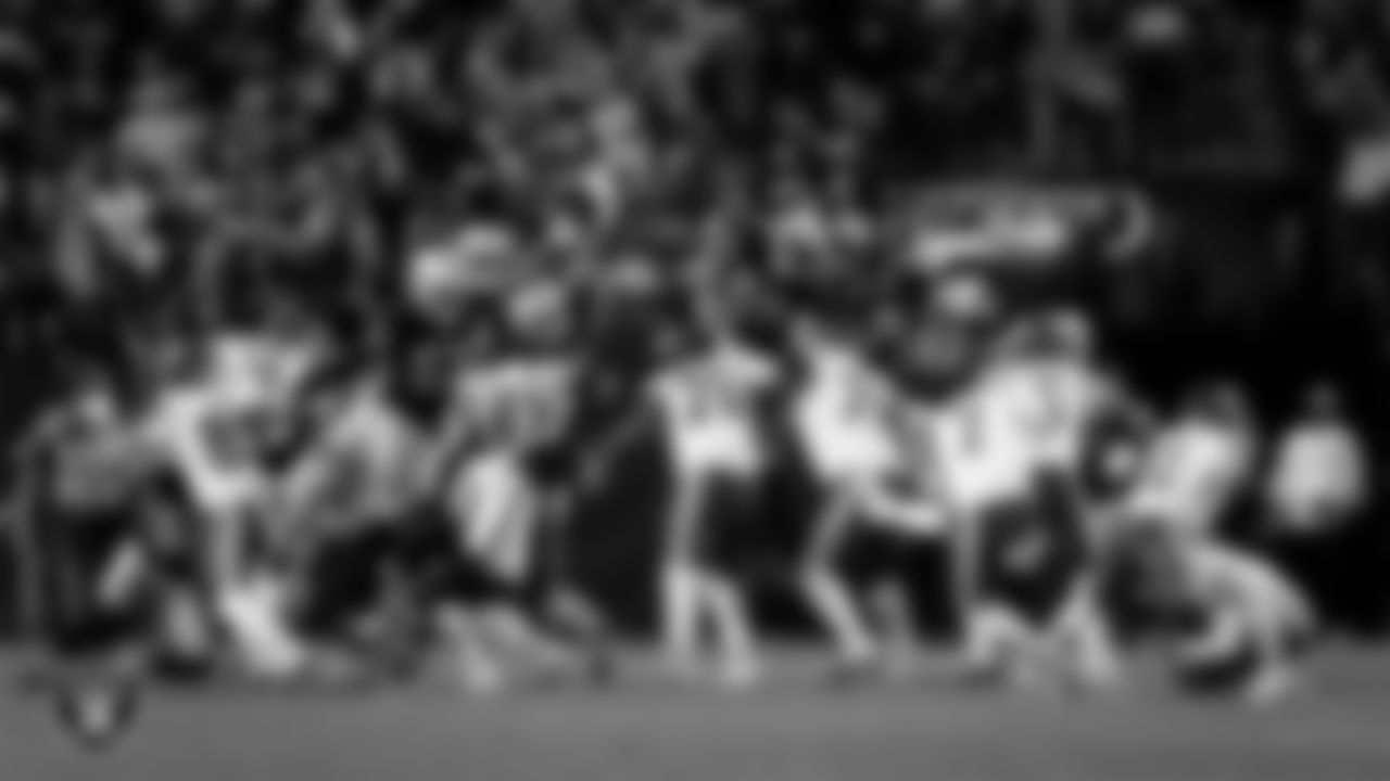 The Las Vegas Raiders special teams attempt to block a field goal during the regular season home game against the Kansas City Chiefs at Allegiant Stadium.