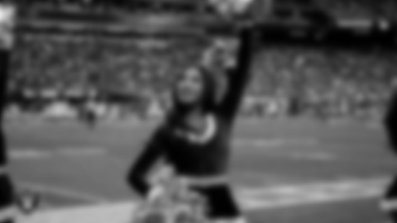 Raiderette Meekela on the sidelines during the regular season home game against the New York Giants at Allegiant Stadium.