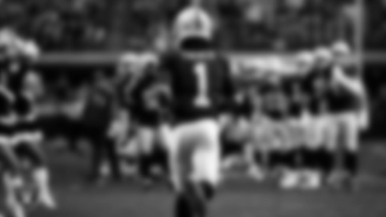 Las Vegas Raiders wide receiver Tre Tucker (1) is introduced onto the field before the regular season home game against the New York Giants at Allegiant Stadium.