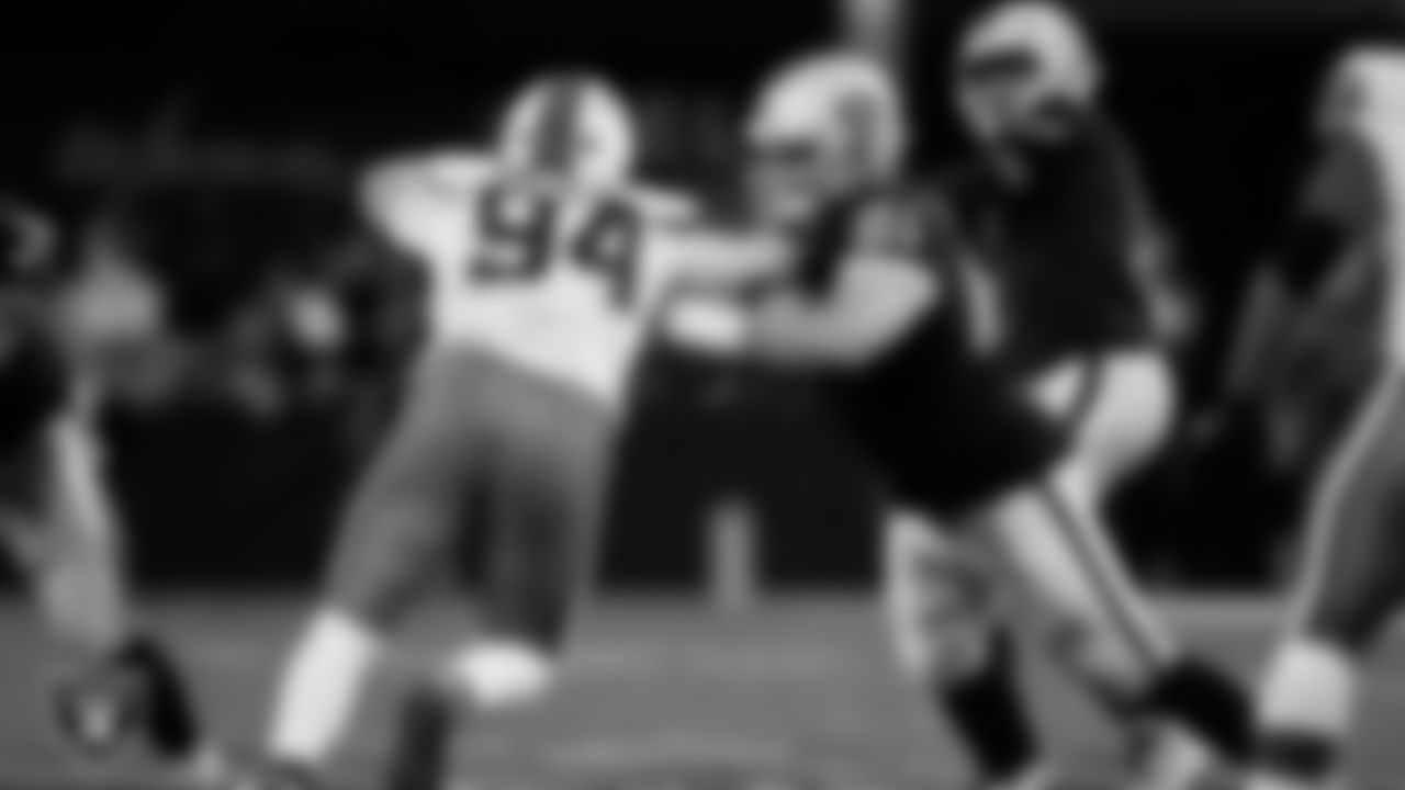 Las Vegas Raiders center/guard Jordan Meredith (61) blocks during the regular season home game against the Cleveland Browns at Allegiant Stadium.