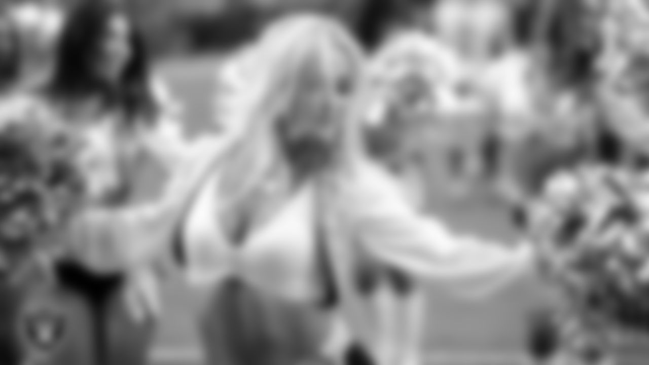 Raiderette Pip performs on the field during the preseason home game against the San Francisco 49ers at Allegiant Stadium.