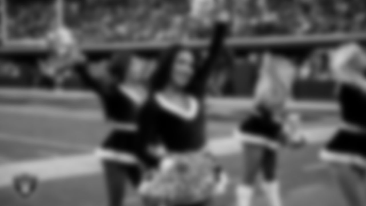 Raiderette Cierra on the sidelines during the regular season home game against the New York Giants at Allegiant Stadium.