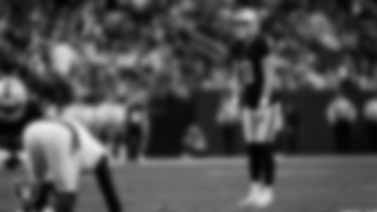 Las Vegas Raiders kicker Daniel Carlson (8) lines up before kicking a PAT during the regular season home game against the Denver Broncos at Allegiant Stadium.