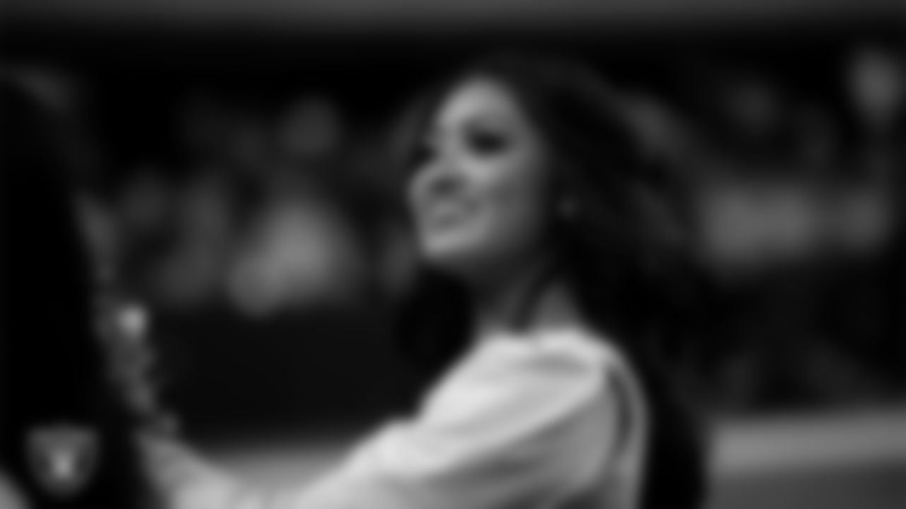 Raiderette Sloane on the sidelines during the regular season home game against the Cleveland Browns at Allegiant Stadium.