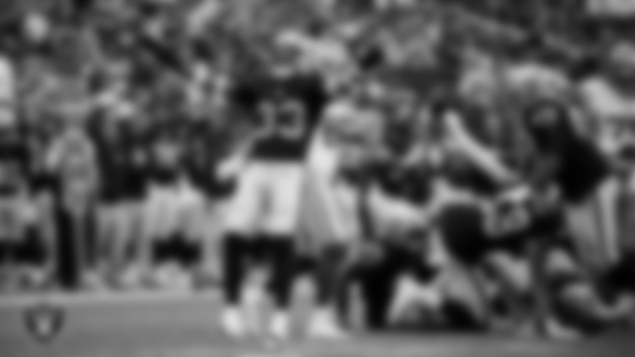 Las Vegas Raiders safety Jamal Adams (33) celebrates on the field during the preseason home game against the San Francisco 49ers at Allegiant Stadium.