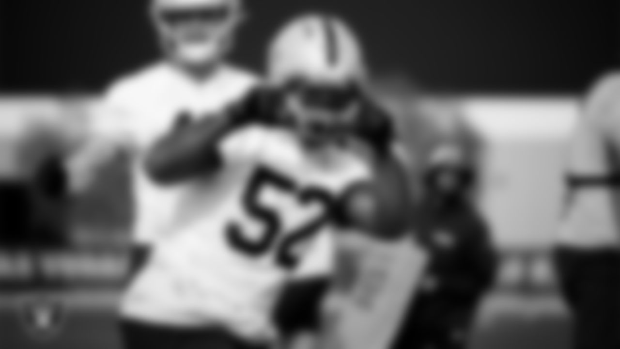 Las Vegas Raiders linebacker Elandon Roberts (52) during practice at Intermountain Health Performance Center.