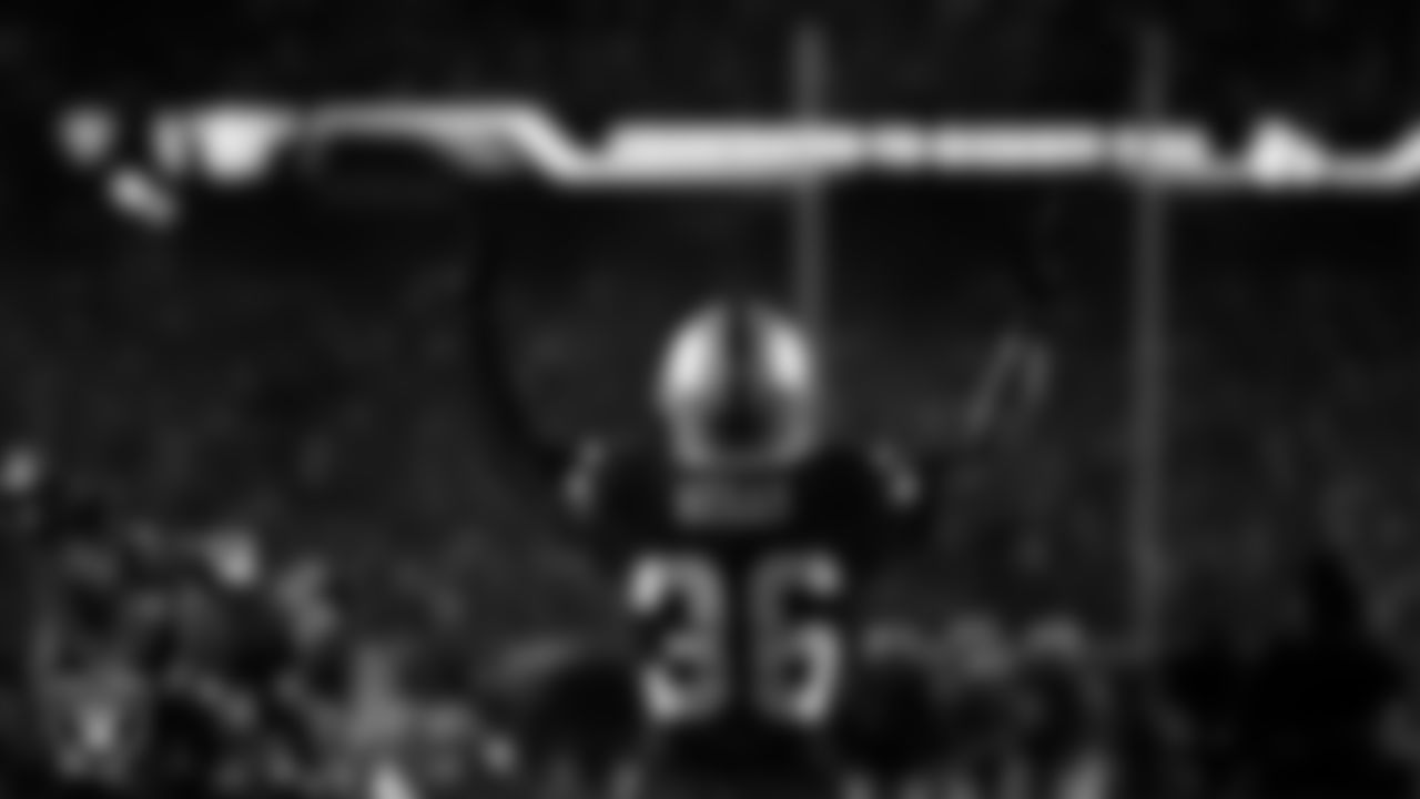 Las Vegas Raiders cornerback Kyu Blu Kelly (36) is introduced onto the field before the regular season home game against the Dallas Cowboys at Allegiant Stadium.