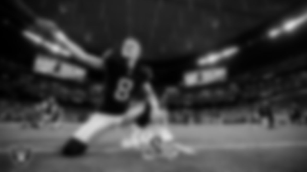 Las Vegas Raiders kicker Daniel Carlson (8) warming up before the regular season home game against the Dallas Cowboys at Allegiant Stadium.