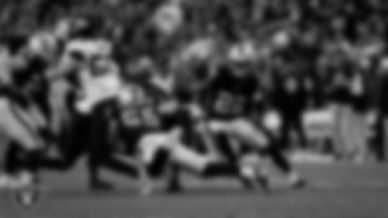 Las Vegas Raiders linebacker Cody Lindenberg (55) makes a tackle during the regular season home game against the Jacksonville Jaguars at Allegiant Stadium.