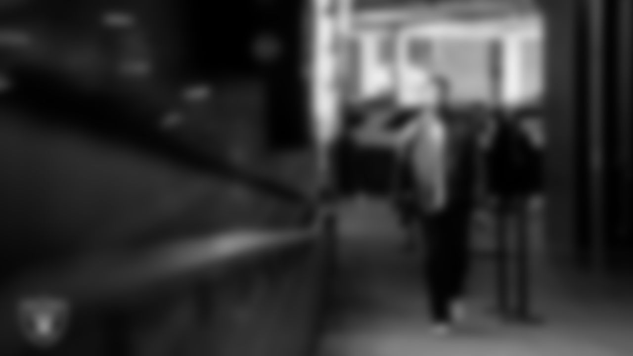 Las Vegas Raiders safety Jeremy Chinn (11) arrives to the regular season home game against the Denver Broncos at Allegiant Stadium.