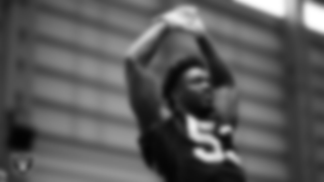 Las Vegas Raiders linebacker Amari Gainer (53) at a workout during phase two of the offseason program at Intermountain Health Performance Center.