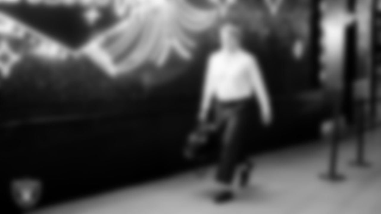 Las Vegas Raiders linebacker Cody Lindenberg (55) arrives to the regular season home game against the Denver Broncos at Allegiant Stadium.