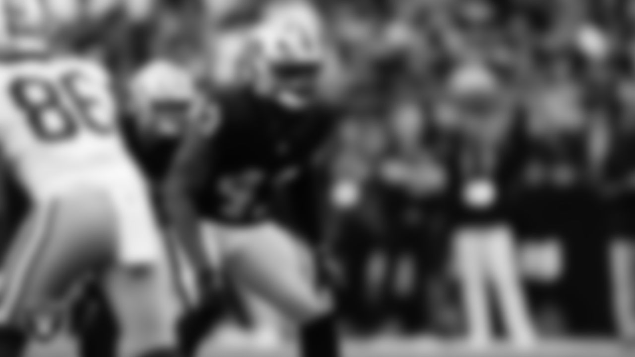 Las Vegas Raiders linebacker Michael Barrett (43) during the preseason home game against the San Francisco 49ers at Allegiant Stadium.