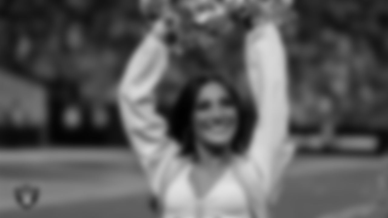 Raiderette Amanda on the sidelines during the regular season home game against the Denver Broncos at Allegiant Stadium.