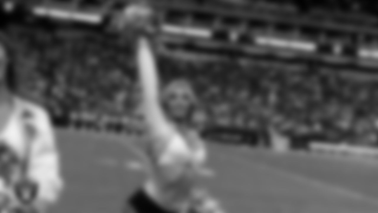 Raiderette Hayley on the sidelines during the regular season home game against the Jacksonville Jaguars at Allegiant Stadium.