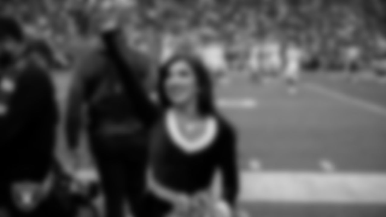Raiderette Tatiana on the sidelines during the regular season home game against the New York Giants at Allegiant Stadium.