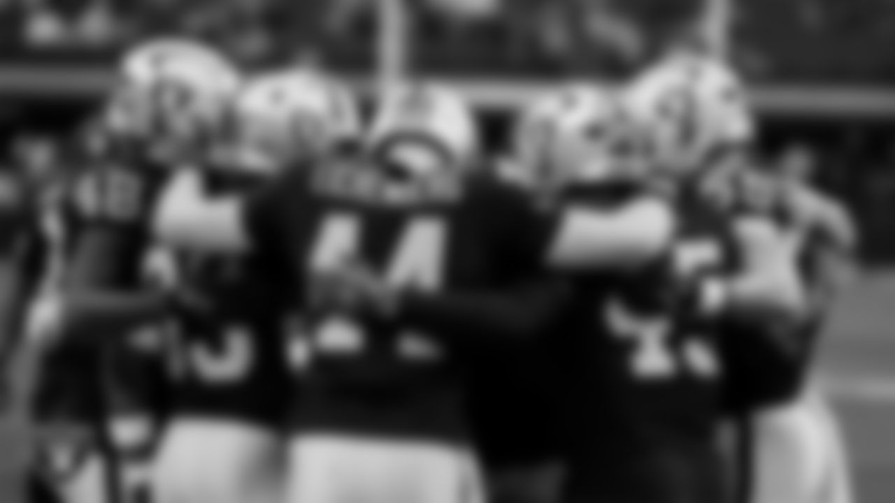 The Las Vegas Raiders linebackers huddle before the regular season home game against the Kansas City Chiefs at Allegiant Stadium.