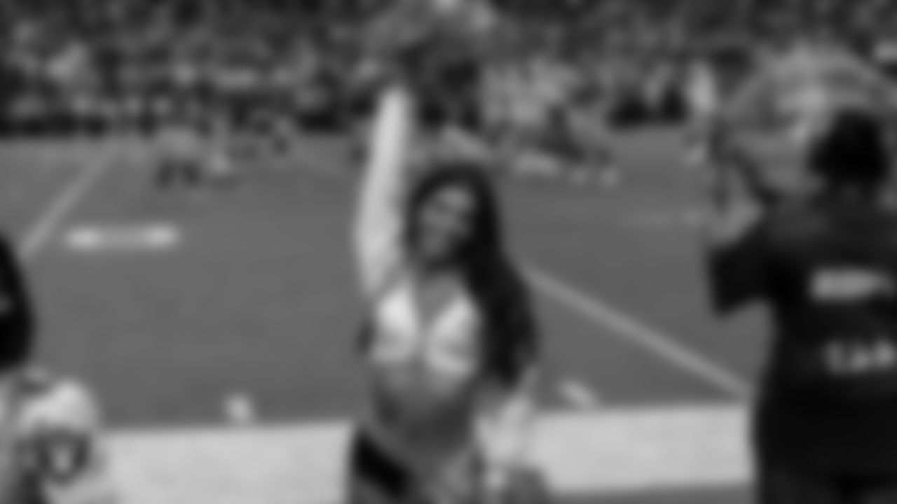Raiderette Ashtin on the sidelines during the regular season home game against the Dallas Cowboys at Allegiant Stadium.