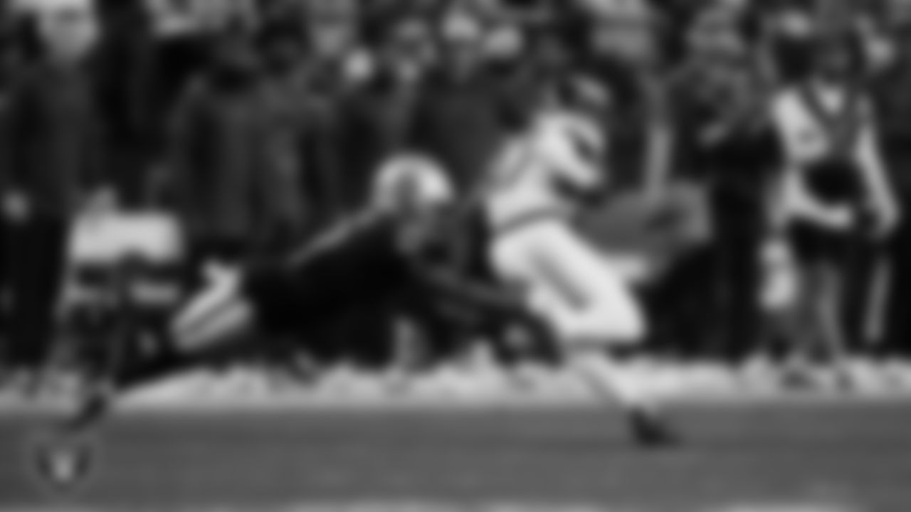 Las Vegas Raiders cornerback Jakorian Bennett (0) makes a tackle during the regular season home game against the New York Jets at Allegiant Stadium.