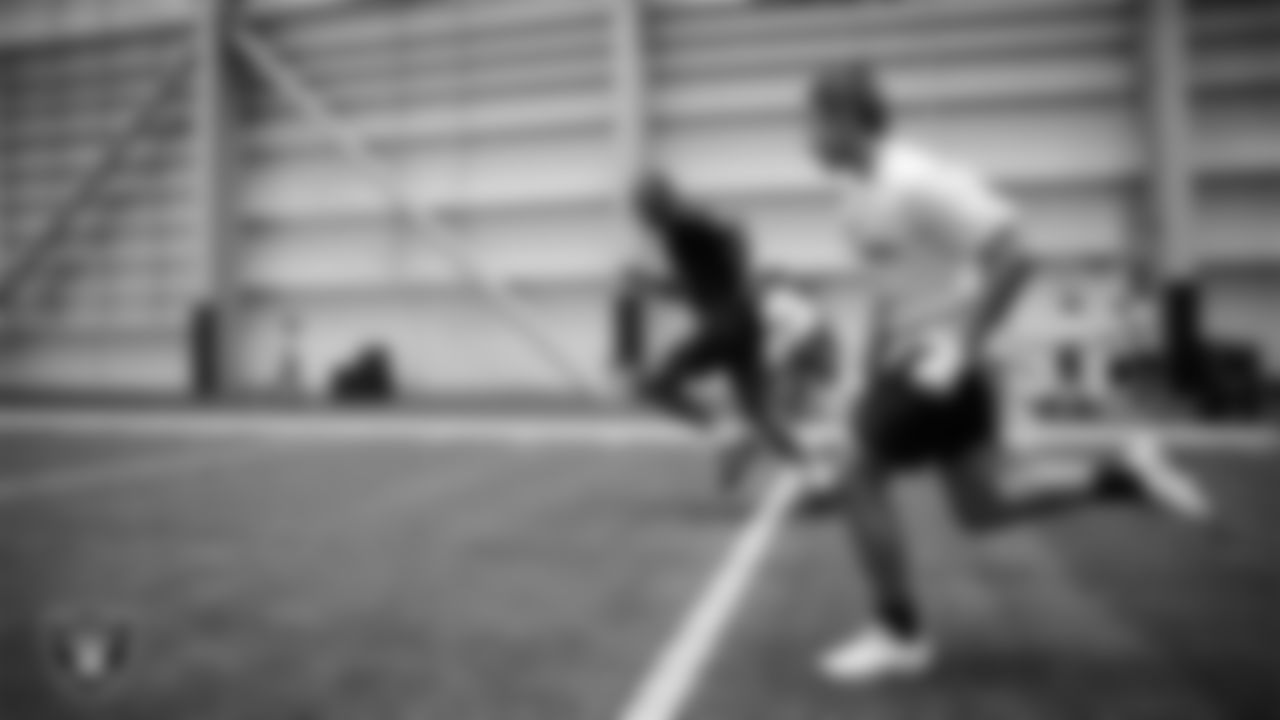 Las Vegas Raiders wide receiver Dont'e Thornton Jr. (10) works with athletes at a skills camp during Play Football Day at Intermountain Health Performance Center.