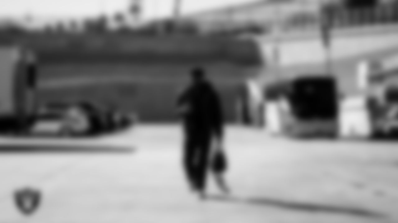 Las Vegas Raiders defensive end Malcolm Koonce (51) arrives to the regular season home game against the New York Giants at Allegiant Stadium.