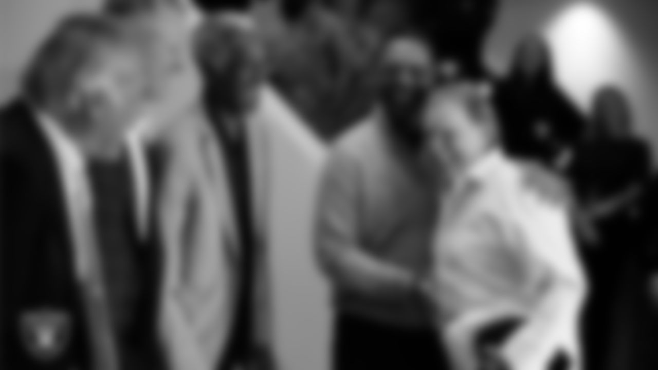 Las Vegas Raiders Owner Mark Davis with alumni Jim Plunkett, Howie Long, Mike Haynes and Marcus Allen before welcoming Raiders Head Coach Klint Kubiak to Intermountain Health Performance Center.