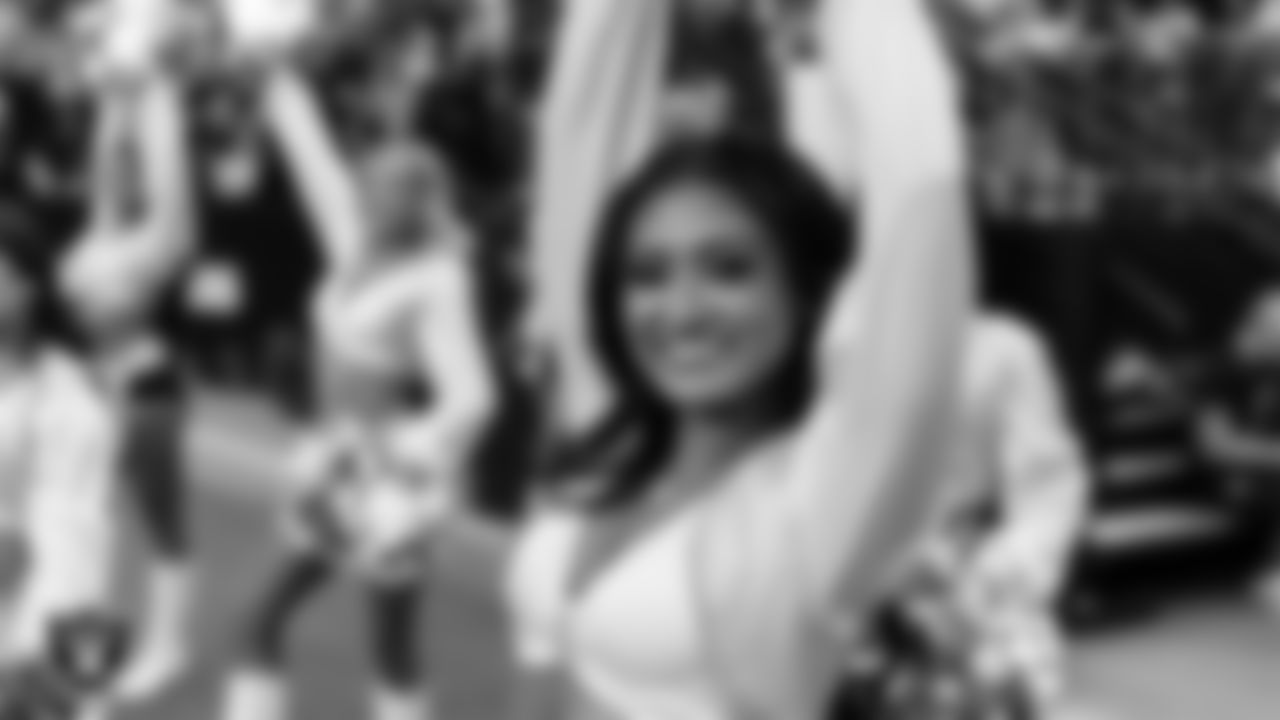 Raiderette Sloane on the sidelines during the preseason home game against the San Francisco 49ers at Allegiant Stadium.
