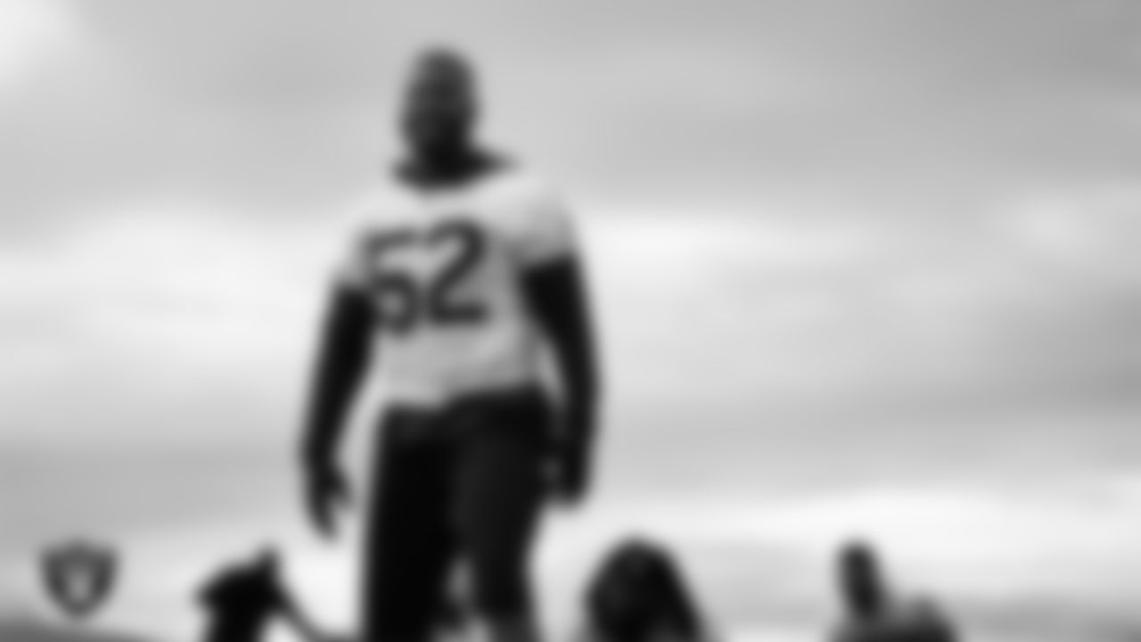 Las Vegas Raiders linebacker Elandon Roberts (52) during practice at Intermountain Health Performance Center.